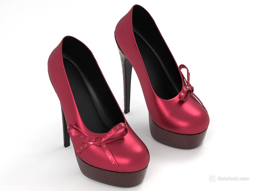 Red High Heels Shoes With Shiny Finish Bow Decoration And Platform Sole Design 3d model 