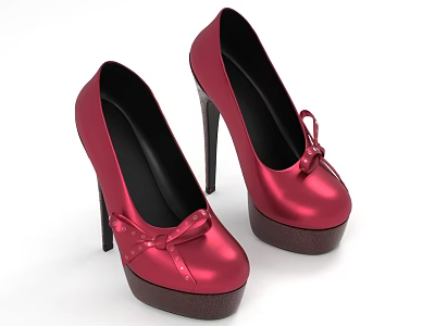 Red High Heels Shoes With Shiny Finish Bow Decoration And Platform Sole Design 3d model