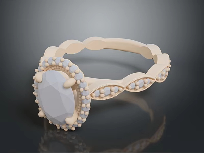 Cream Colored Ring with Oval Transparent Gemstone and Small Bead Decorations on Braided Pattern Band 3d model