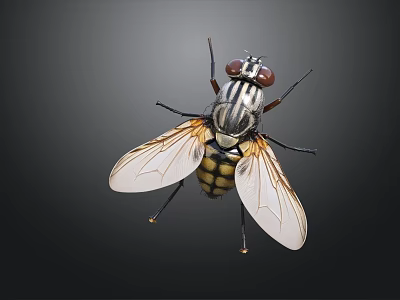 Detailed Close Up Of A Fly With Striped Body Transparent Wings And Red Compound Eyes 3d model