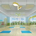 Kindergarten Dance Studio With Blue Mats Large Windows And Music Note Lights 3d model