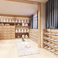 Retail Store in Shopping Mall Featuring Wooden Shelves Children's Apparel and Shoe