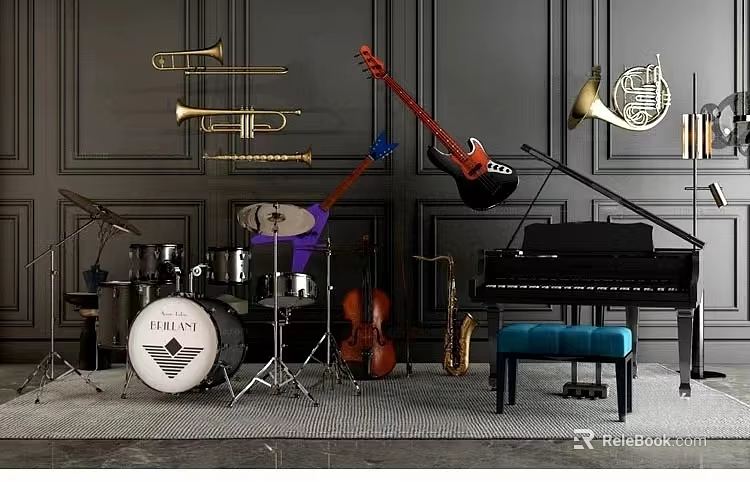 Display of Musical Instruments and Art Supplies Featuring Guitar Piano and Dark Background 3d model 