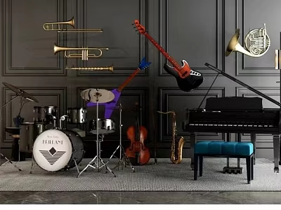 Display of Musical Instruments and Art Supplies Featuring Guitar Piano and Dark Background 3d model