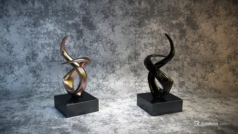 Golden And Black Abstract Sculptures On Black Bases Against Textured Gray Background 3d model 