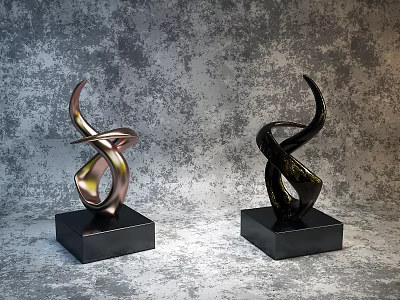 Golden And Black Abstract Sculptures On Black Bases Against Textured Gray Background 3d model