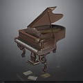Classic Brown Wooden Piano With Ornate Carved Design Open Lid And Sheet Music