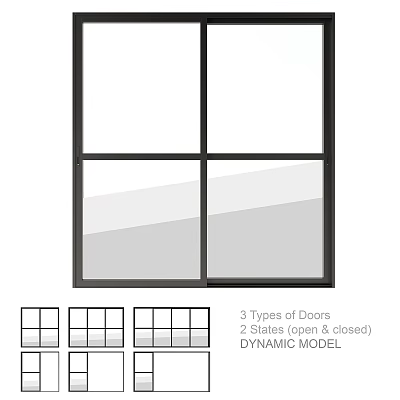 Casement Window With 3 Types of Doors 2 States Open and Closed Dynamic Model 3d model