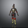 Man wearing ornate medieval armor with golden decorations helmet red accents and holding sword
