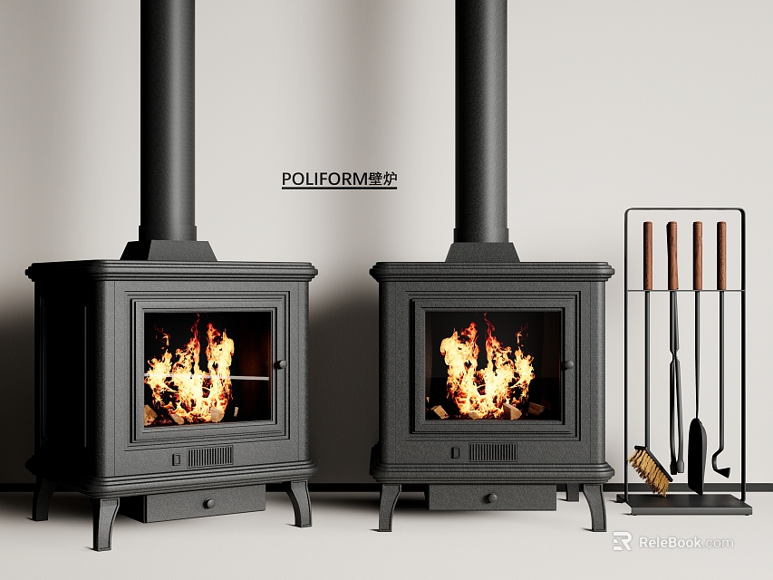 Black Wood Burning Fireplaces With Flames And Fireplace Tools On Rack 3d model 
