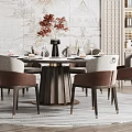 Elegant New Chinese Dining Room Interior With Round Table Landscape Mural And Curved Chandelier