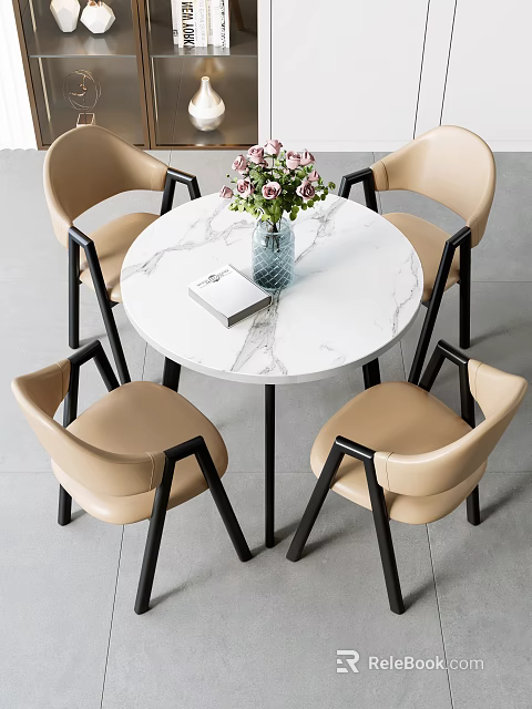 Modern Negotiation Table and Beige Chairs with White Marble Top Black Legs and Pink Flowers 3d model 