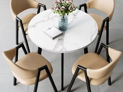Modern Negotiation Table and Beige Chairs with White Marble Top Black Legs and Pink Flowers 3d model