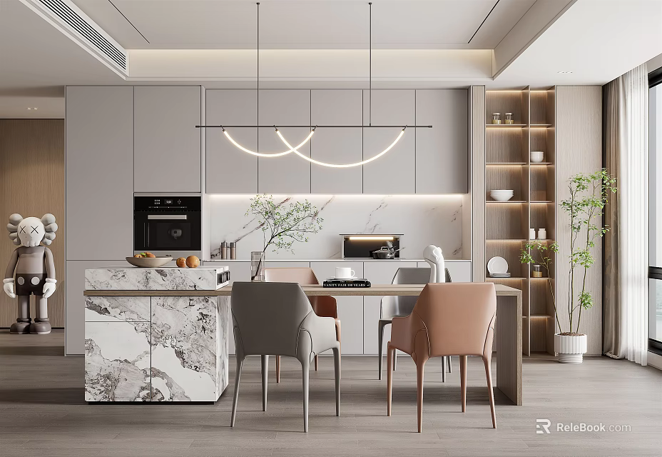 Modern Restaurant Interior With Open Design Marble Countertop Pendant Lights And Chairs 3d model 