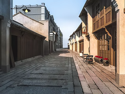 Traditional Commercial Street with Classic Architecture Stone Paved Road and Wooden Shop Fronts 3d model
