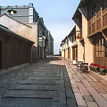 Traditional Commercial Street with Classic Architecture Stone Paved Road and Wooden Shop Fronts