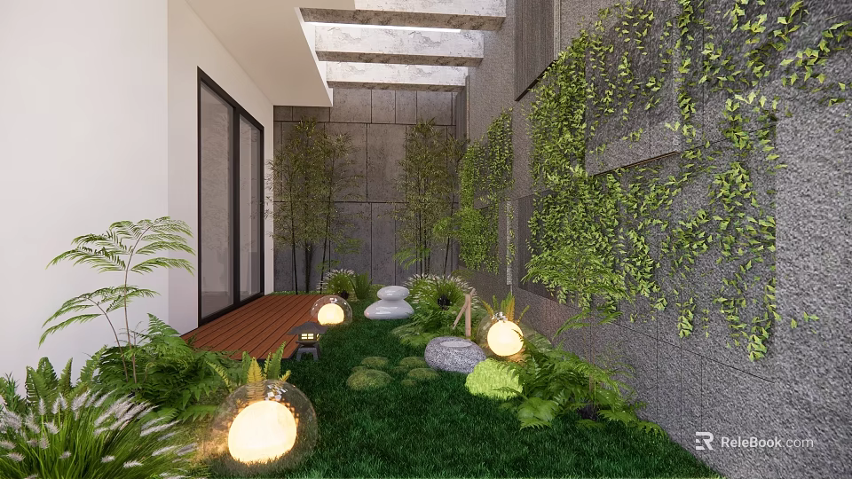 Lush Garden Patio With Greenery Covered Walls Wooden Decking Grass Lawn Stones And Lantern Lights 3d model 