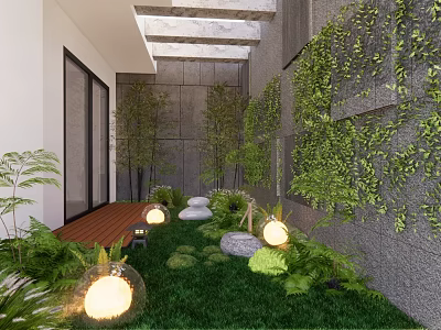 Lush Garden Patio With Greenery Covered Walls Wooden Decking Grass Lawn Stones And Lantern Lights 3d model