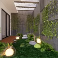 Lush Garden Patio With Greenery Covered Walls Wooden Decking Grass Lawn Stones And Lantern Lights