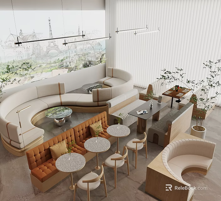 Modern Casual Interior Space With Curved Booth Orange Bench Round White Tables And Wooden Chairs 3d model 
