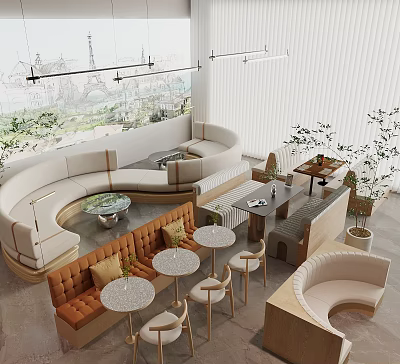 Modern Casual Interior Space With Curved Booth Orange Bench Round White Tables And Wooden Chairs 3d model