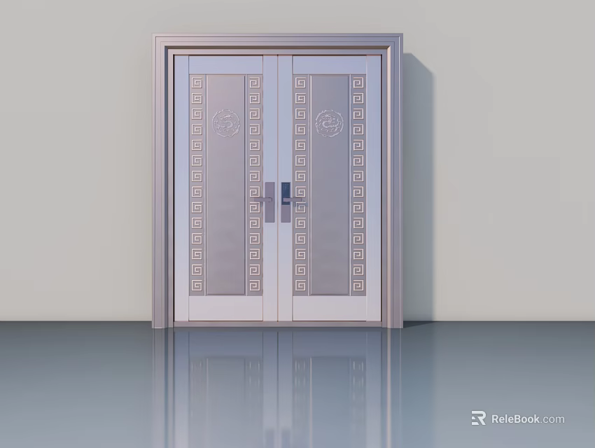 Double Flat Panel Door with Decorative Patterns Silver Frame in Modern Interior Smooth Floor Reflection 3d model 