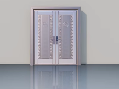 Double Flat Panel Door with Decorative Patterns Silver Frame in Modern Interior Smooth Floor Reflection 3d model