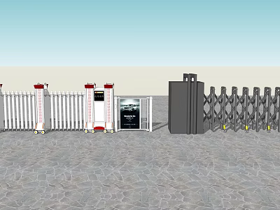 Automatic Security Gates With White Fence Black Retractable Design And Stone Pavement 3d model