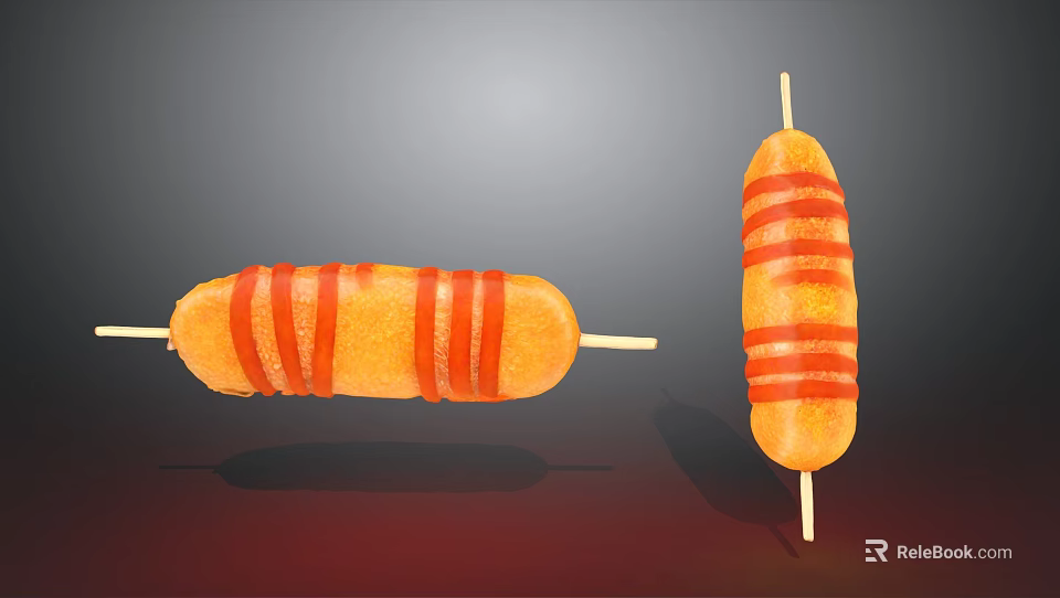 Delicious Grilled Sausages With Red Ketchup Stripes On Wooden Sticks 3d model 