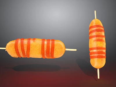 Delicious Grilled Sausages With Red Ketchup Stripes On Wooden Sticks 3d model