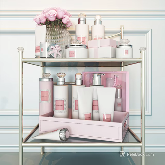 Elegant Pink Perfume And Cosmetics Display On Glass Shelf With Bottles Jars And Gift Boxes 3d model 