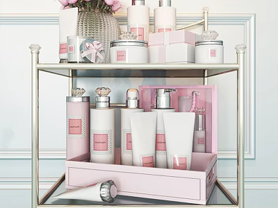 Elegant Pink Perfume And Cosmetics Display On Glass Shelf With Bottles Jars And Gift Boxes 3d model
