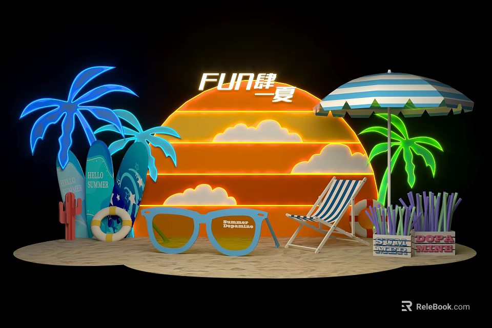 Summer Fun Photo Spot with Neon Sun Clouds Palm Trees Surfboard Umbrella and Beach Chair 3d model 