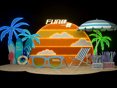 Summer Fun Photo Spot with Neon Sun Clouds Palm Trees Surfboard Umbrella and Beach Chair 3d model