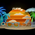 Summer Fun Photo Spot with Neon Sun Clouds Palm Trees Surfboard Umbrella and Beach Chair