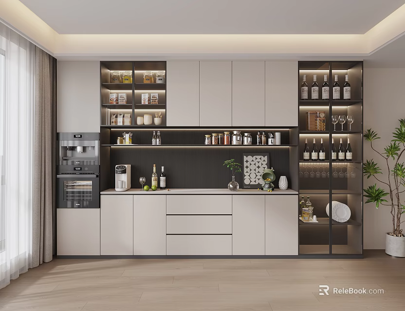 Modern Wine Cabinet With Glass Doors For Wine Bottles And Glassware In Kitchen 3d model 