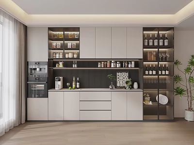 Modern Wine Cabinet With Glass Doors For Wine Bottles And Glassware In Kitchen 3d model