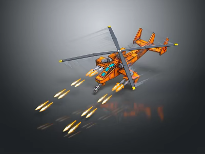 Dynamic Orange Helicopter Firing Missiles With Flames Against Gray Background 3d model