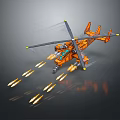 Dynamic Orange Helicopter Firing Missiles With Flames Against Gray Background