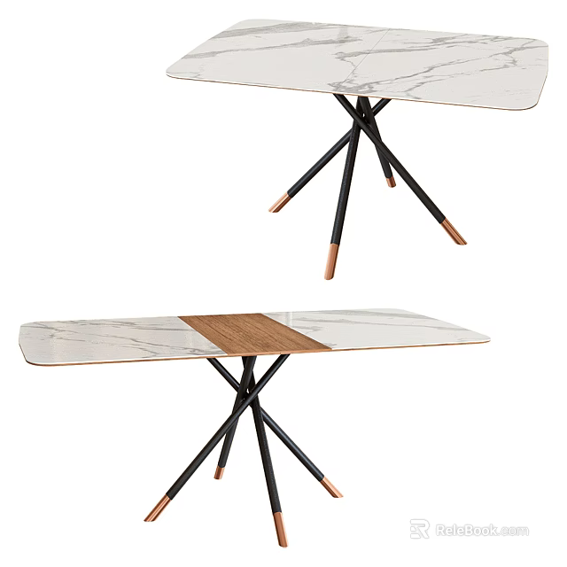 Modern Minimalist Dining Table With Marble Top Wooden Panel And Black Legs Copper Accents 3d model 