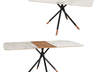 Modern Minimalist Dining Table With Marble Top Wooden Panel And Black Legs Copper Accents 3d model