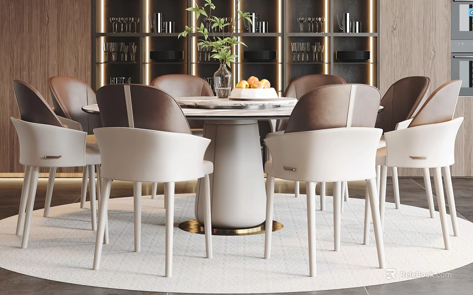 Modern Dining Table And Chair Set With Round Table White Brown Chairs And Decorative Vase 3d model 
