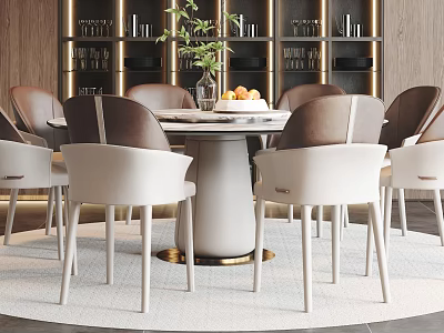 Modern Dining Table And Chair Set With Round Table White Brown Chairs And Decorative Vase 3d model