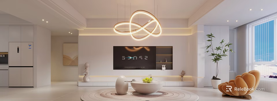Minimalist Modern Dining and Living Room with Chandelier TV Shelves Round Rug and White Decor 3d model 