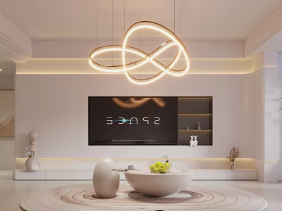 Minimalist Modern Dining and Living Room with Chandelier TV Shelves Round Rug and White Decor 3d model