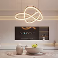 Minimalist Modern Dining and Living Room with Chandelier TV Shelves Round Rug and White Decor