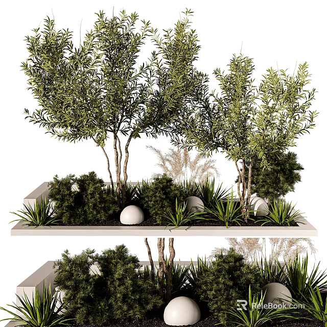 Natural Garden Landscape With Lush Trees Shrubs Round Stones And Layered Platforms 3d model 