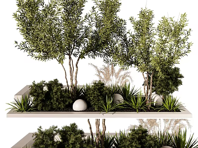 Natural Garden Landscape With Lush Trees Shrubs Round Stones And Layered Platforms 3d model