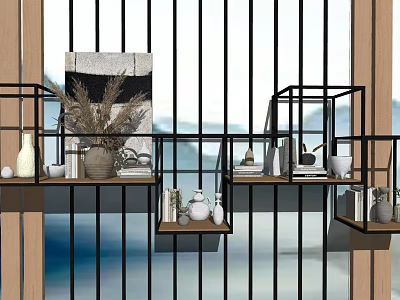 Modern Black Metal Frame Shelves With Wooden Shelves Decorative Vases Dried Plants And Ornamental Figurines 3d model