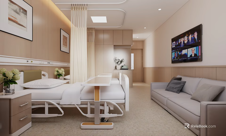 Modern Hospital Outpatient Clinic Interior With Patient Bed Sofa TV And Medical Devices 3d model 